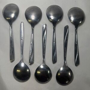 7 Vintage Insico Stainless USA Monte's Soup Spoons Round Bowl Restaurant Ware